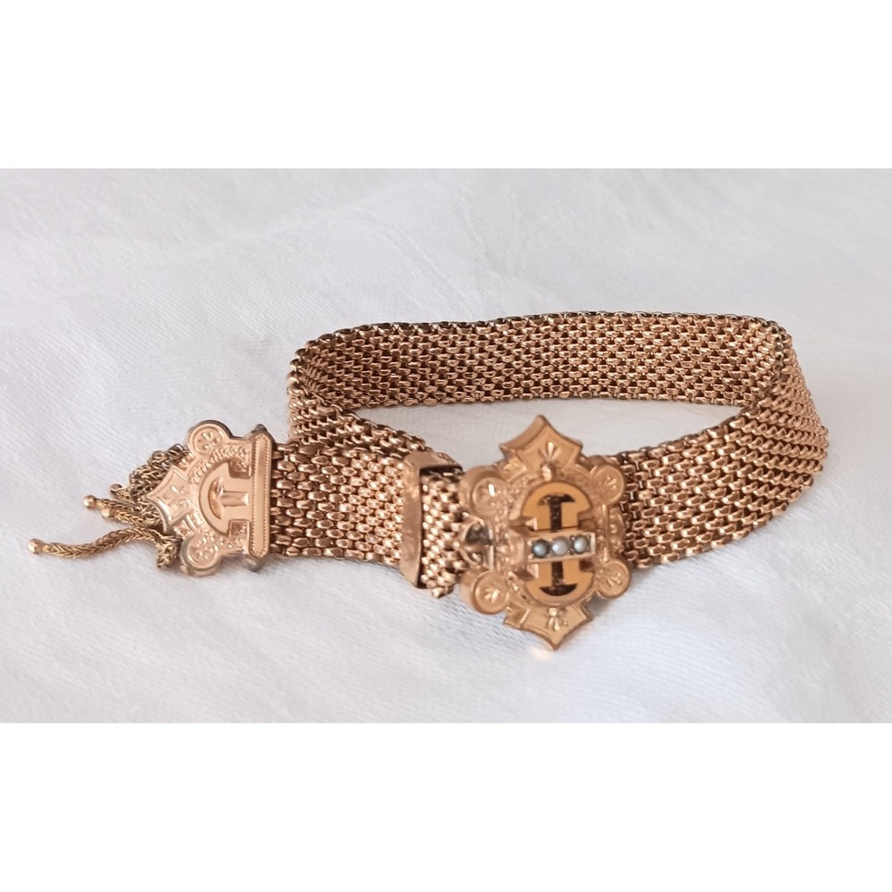 Victorian Gold Fill Mesh Slide Bracelet Seed Pearls Tassels Antique 1880s